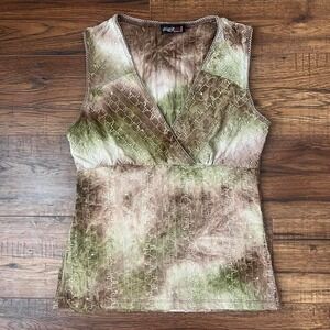 Y2K Sleeveless Top Earthy Tie Dye Embroidered Sequins‎ Women Medium Artsy Boho
